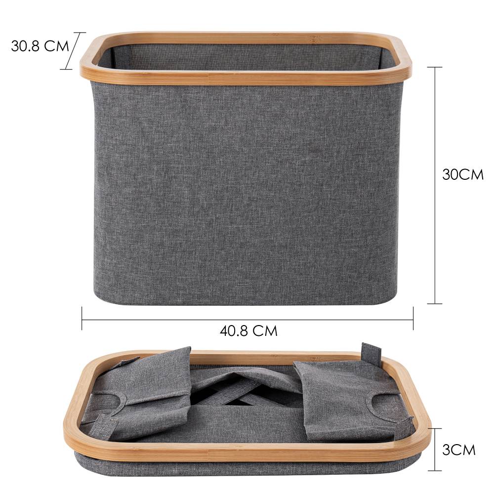 Woodluv Foldable Storage Basket with Wooden Rim & Side Handles, Grey