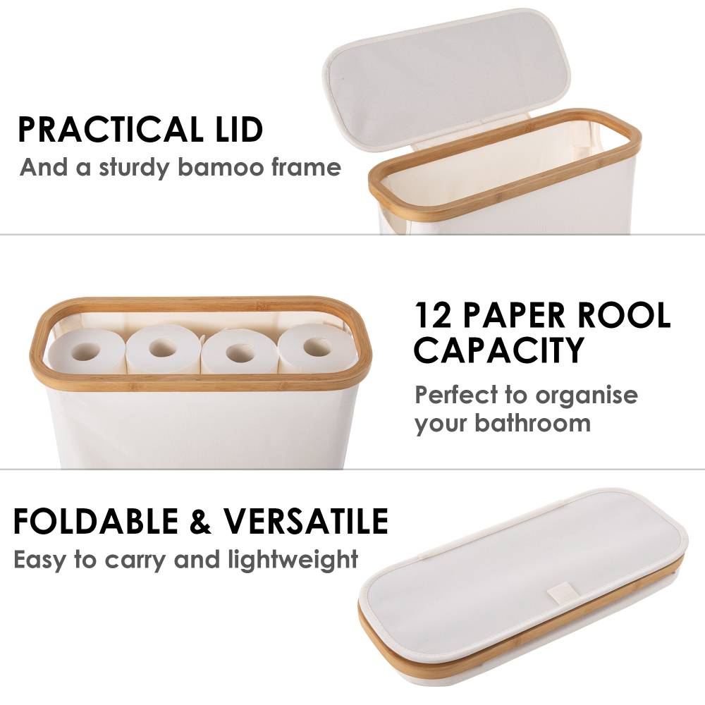 Woodluv Foldable Toilet Roll Storage Basket with Wood Rim & Lid, Beige