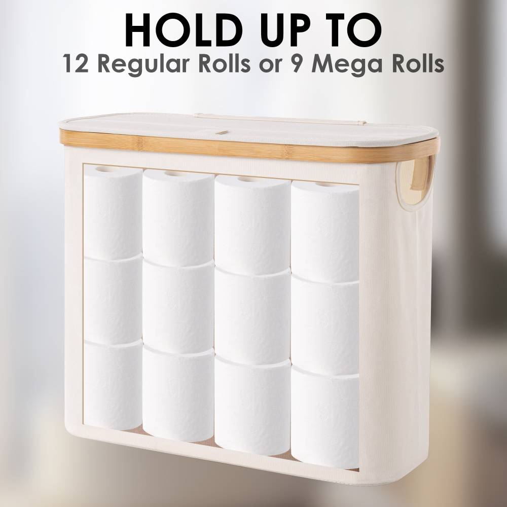Woodluv Foldable Toilet Roll Storage Basket with Wood Rim & Lid, Beige