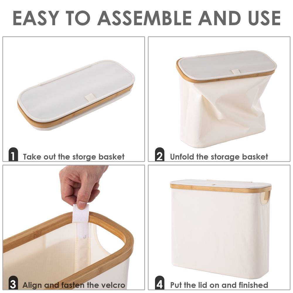 Woodluv Foldable Toilet Roll Storage Basket with Wood Rim & Lid, Beige