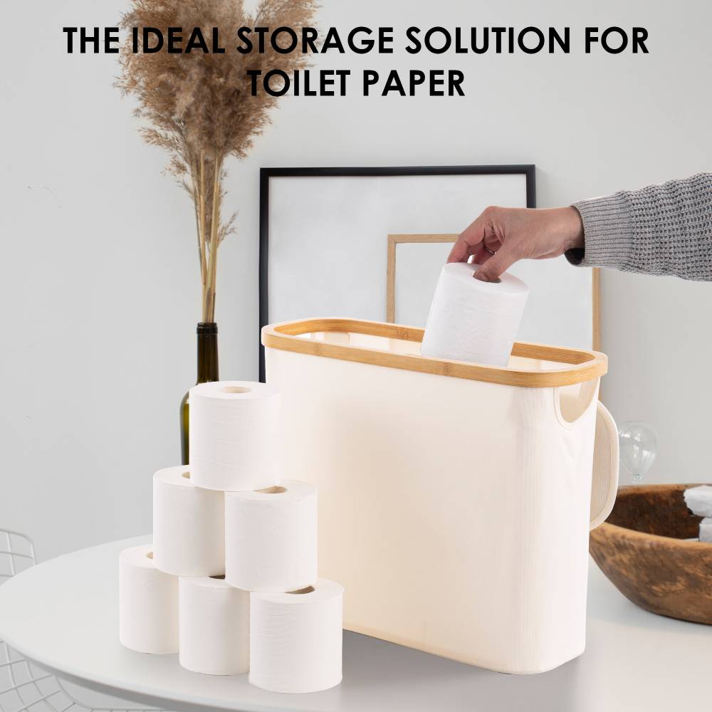 Woodluv Foldable Toilet Roll Storage Basket with Wood Rim & Lid, Beige