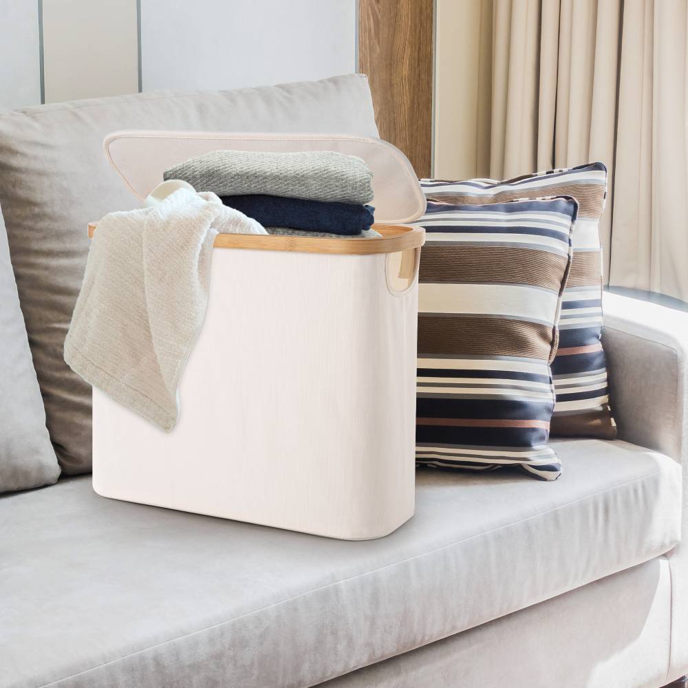 Woodluv Foldable Toilet Roll Storage Basket with Wood Rim & Lid, Beige