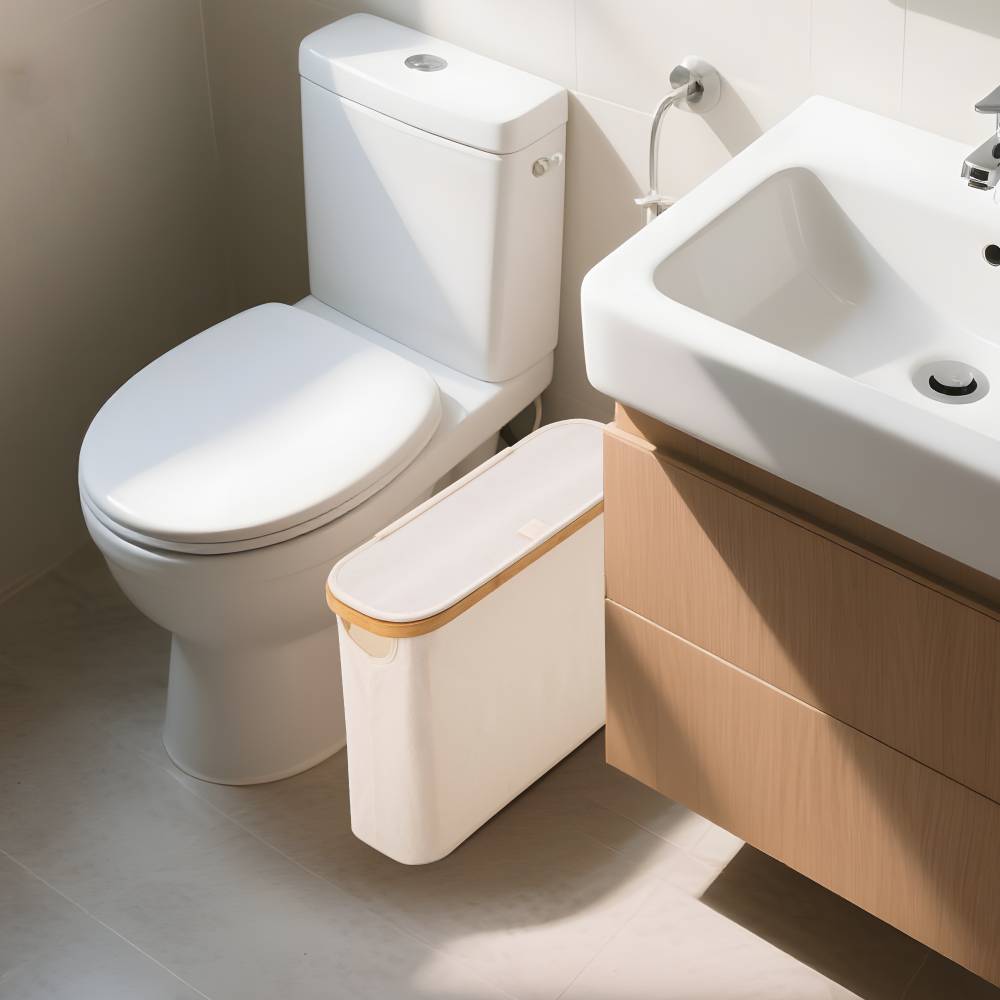Woodluv Foldable Toilet Roll Storage Basket with Wood Rim & Lid, Beige