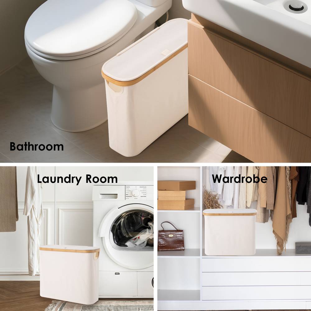 Woodluv Foldable Toilet Roll Storage Basket with Wood Rim & Lid, Beige