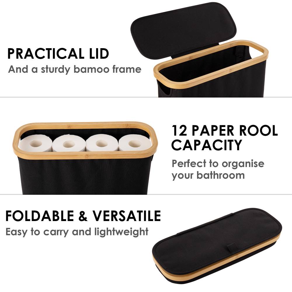 Woodluv Foldable Toilet Roll Storage Basket with Wood Rim & Lid, Black