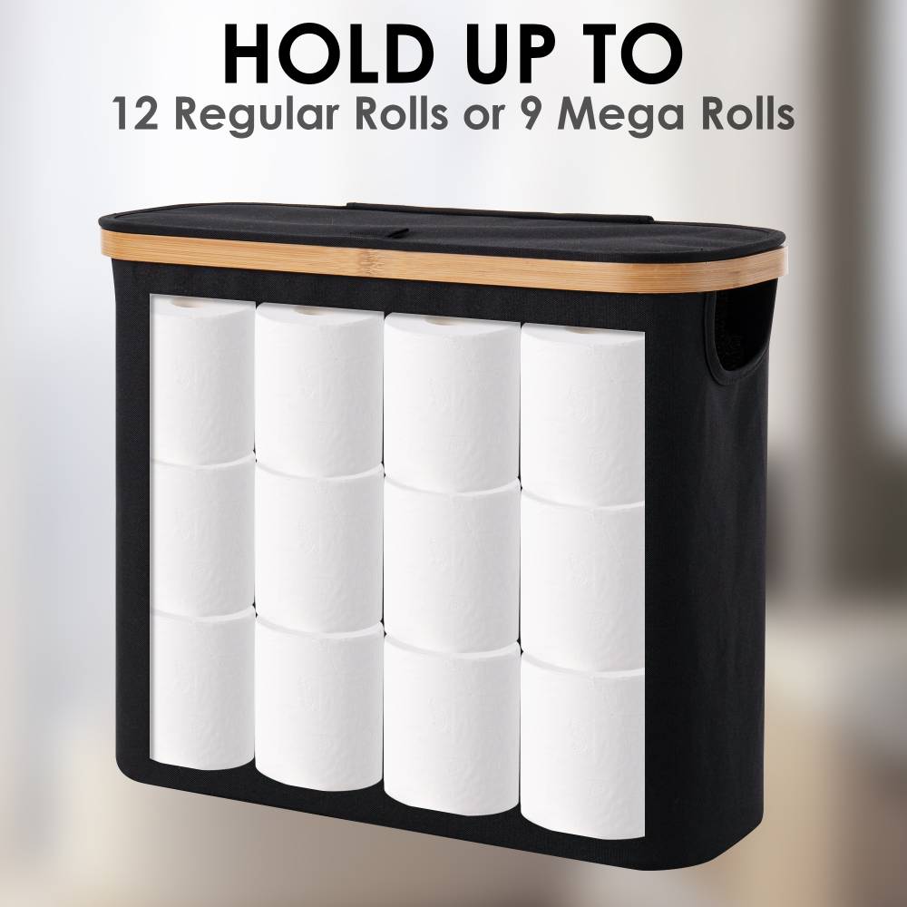 Woodluv Foldable Toilet Roll Storage Basket with Wood Rim & Lid, Black