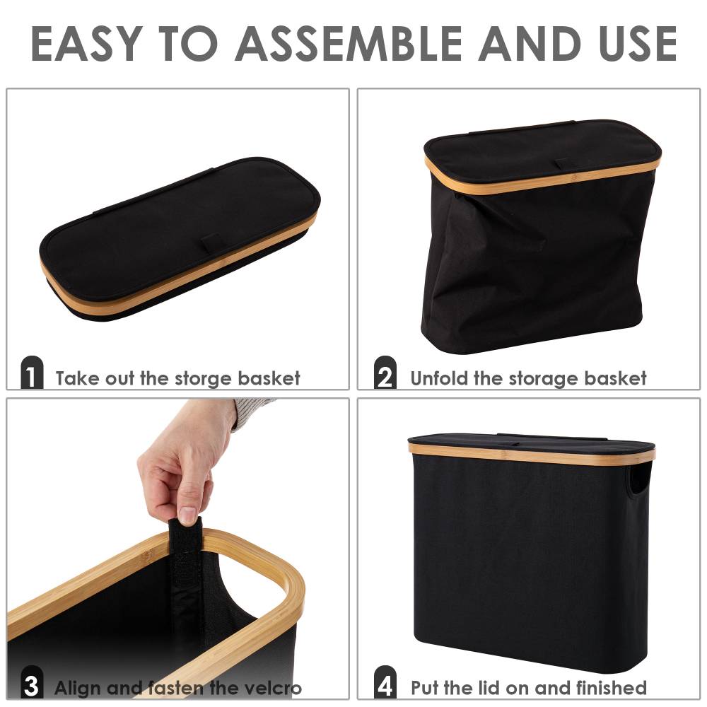 Woodluv Foldable Toilet Roll Storage Basket with Wood Rim & Lid, Black