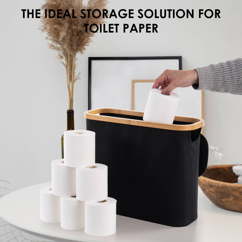 Woodluv Foldable Toilet Roll Storage Basket with Wood Rim & Lid, Black
