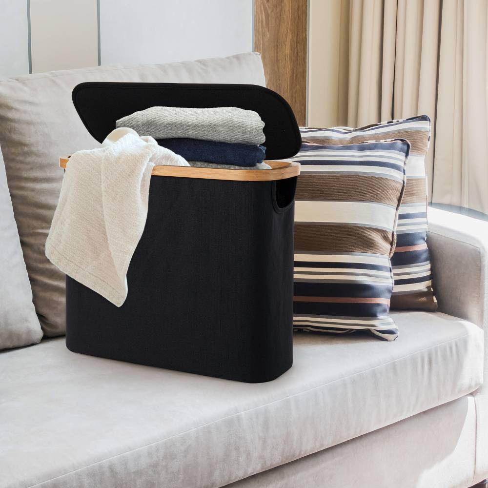 Woodluv Foldable Toilet Roll Storage Basket with Wood Rim & Lid, Black
