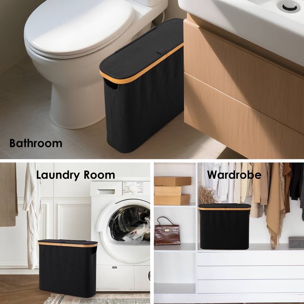 Woodluv Foldable Toilet Roll Storage Basket with Wood Rim & Lid, Black