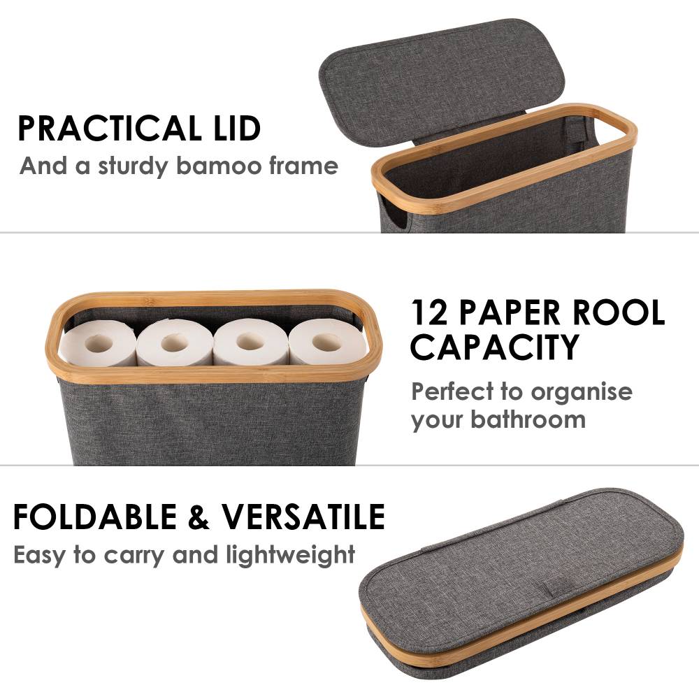 Woodluv Foldable Toilet Roll Storage Basket with Wood Rim & Lid, Grey