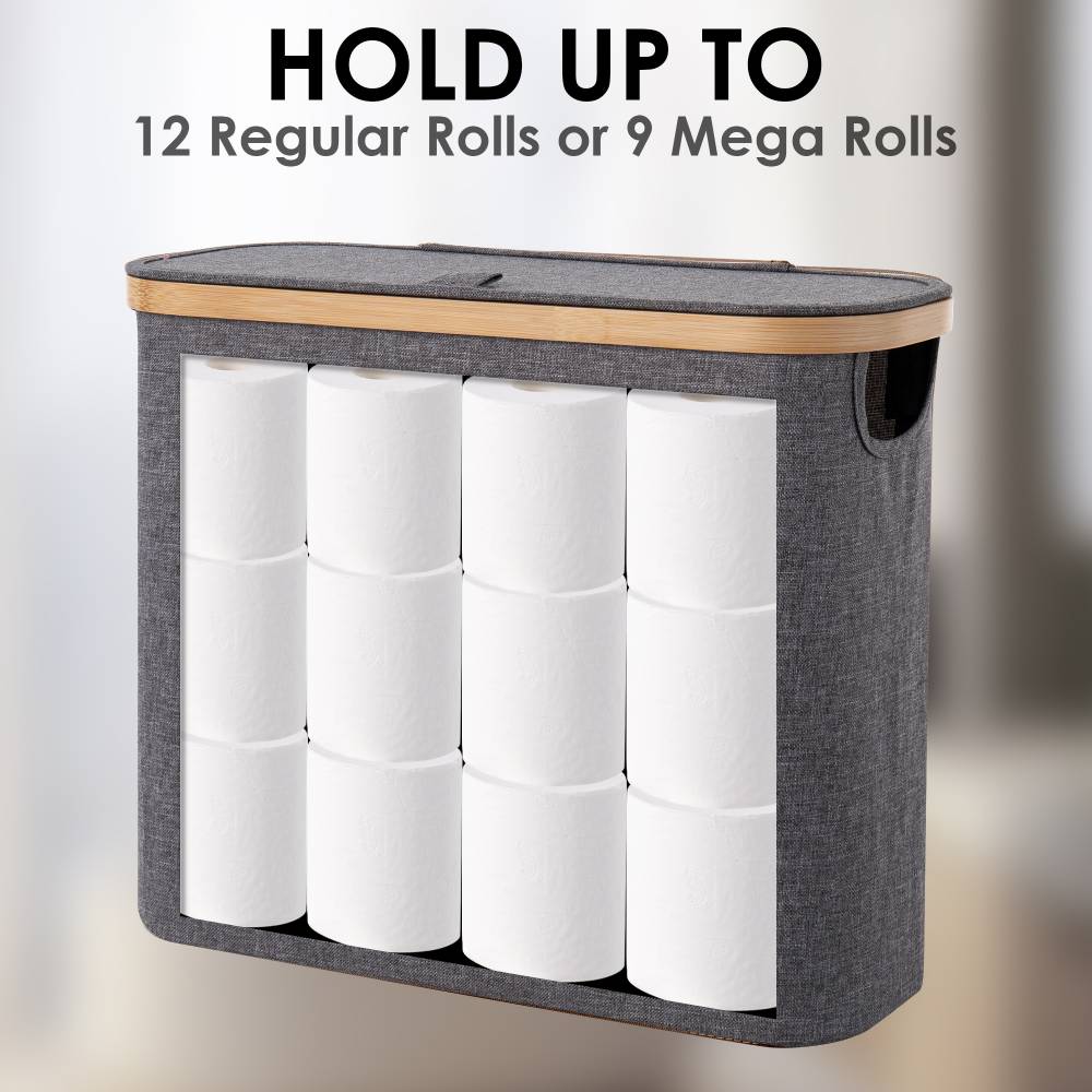 Woodluv Foldable Toilet Roll Storage Basket with Wood Rim & Lid, Grey