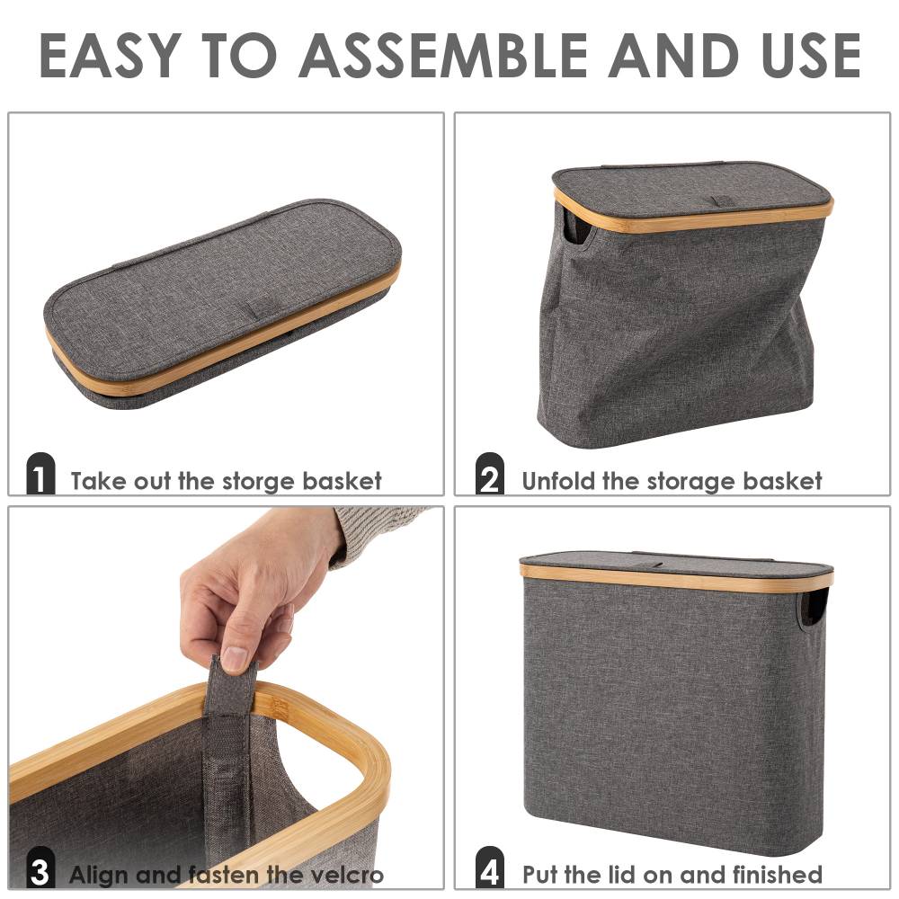 Woodluv Foldable Toilet Roll Storage Basket with Wood Rim & Lid, Grey