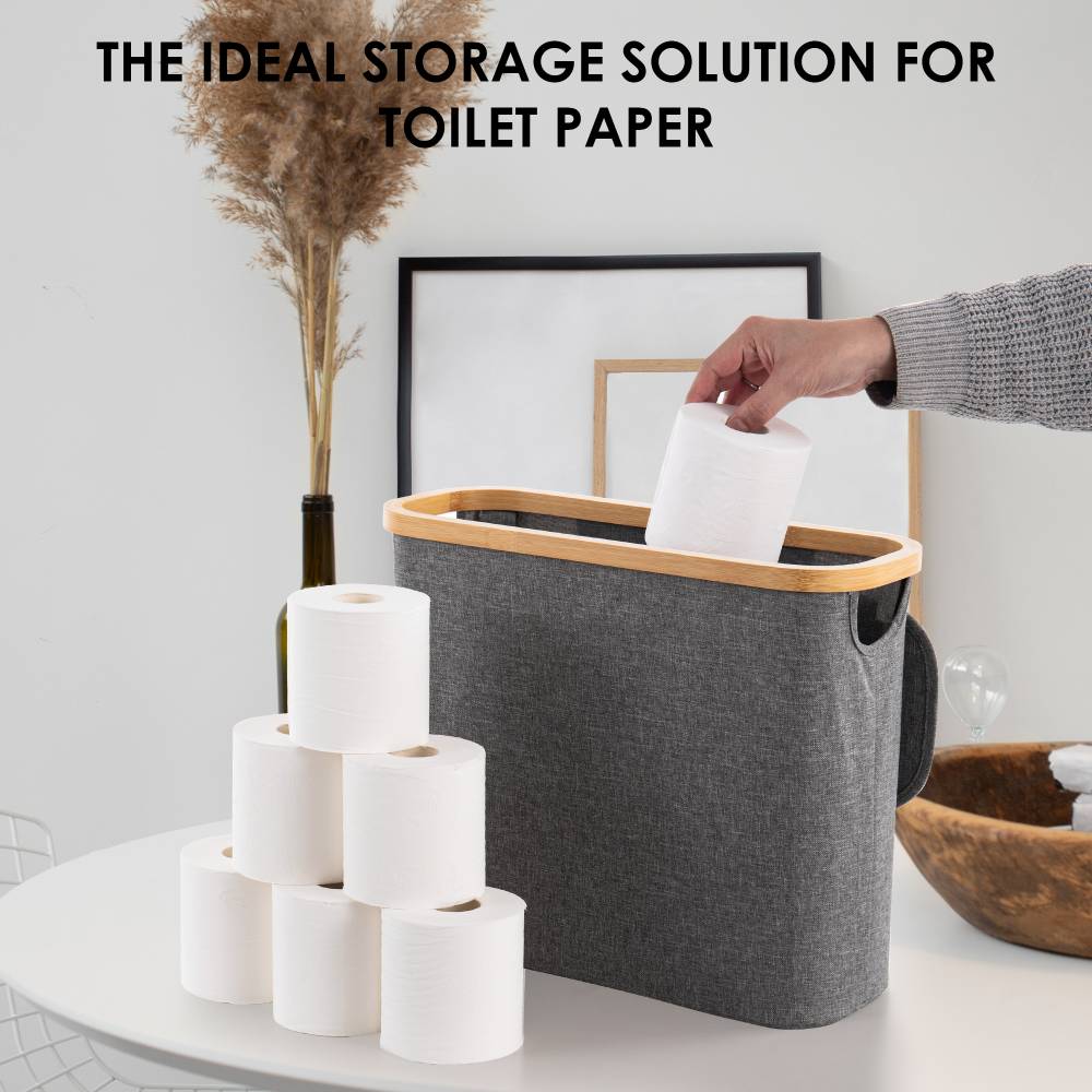 Woodluv Foldable Toilet Roll Storage Basket with Wood Rim & Lid, Grey