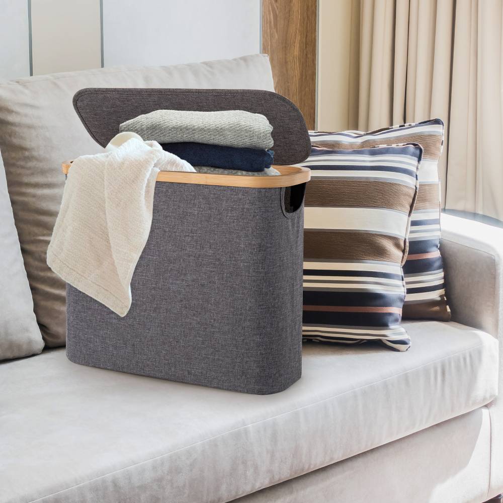 Woodluv Foldable Toilet Roll Storage Basket with Wood Rim & Lid, Grey