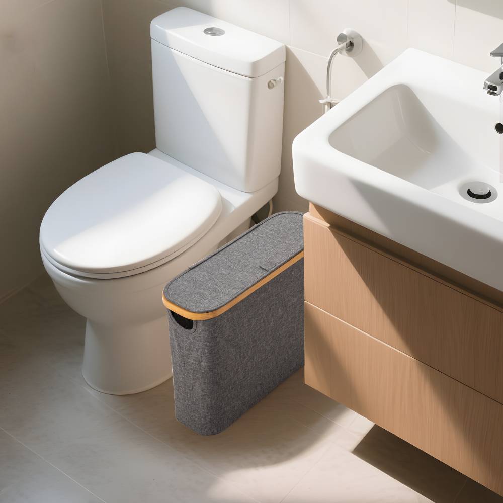 Woodluv Foldable Toilet Roll Storage Basket with Wood Rim & Lid, Grey