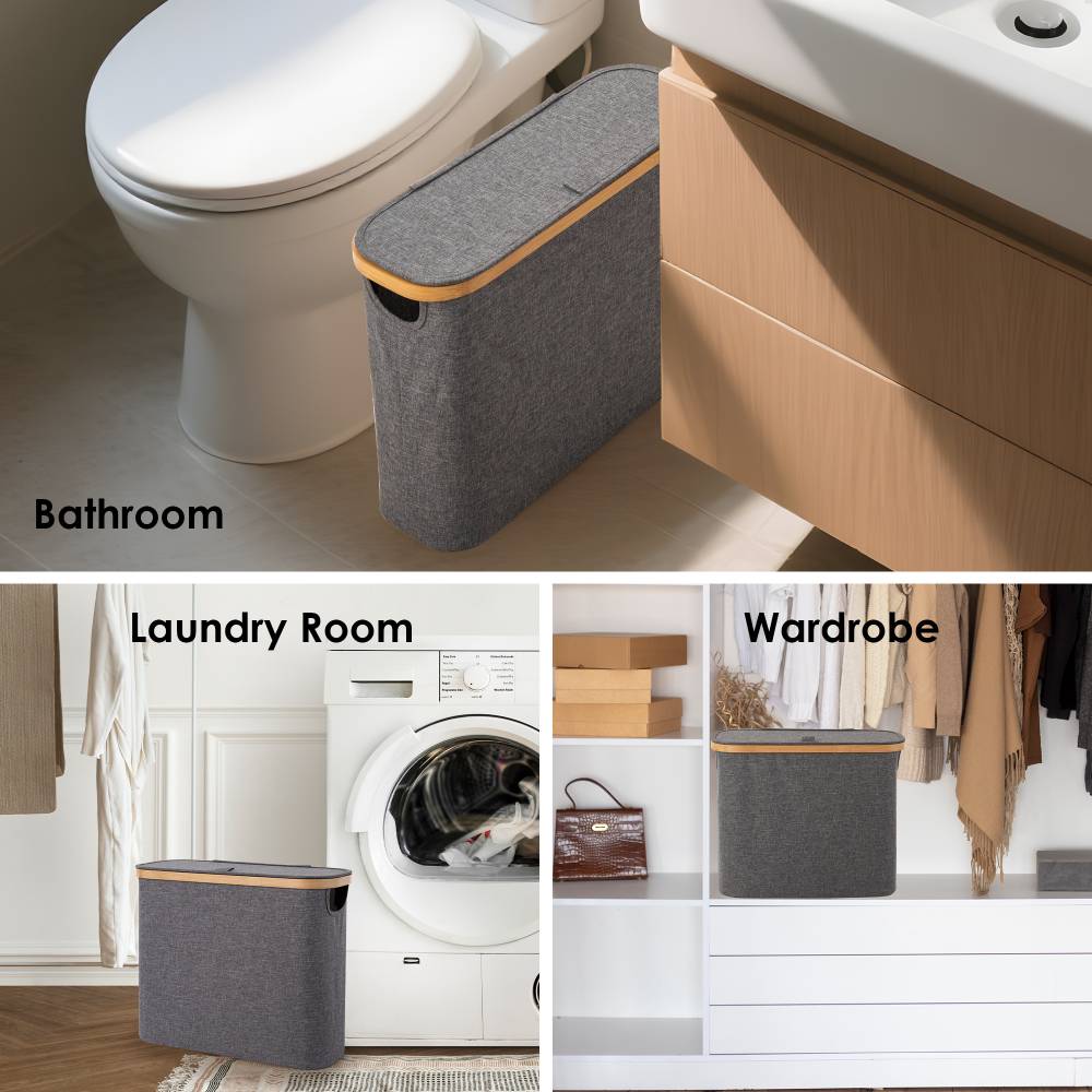 Woodluv Foldable Toilet Roll Storage Basket with Wood Rim & Lid, Grey