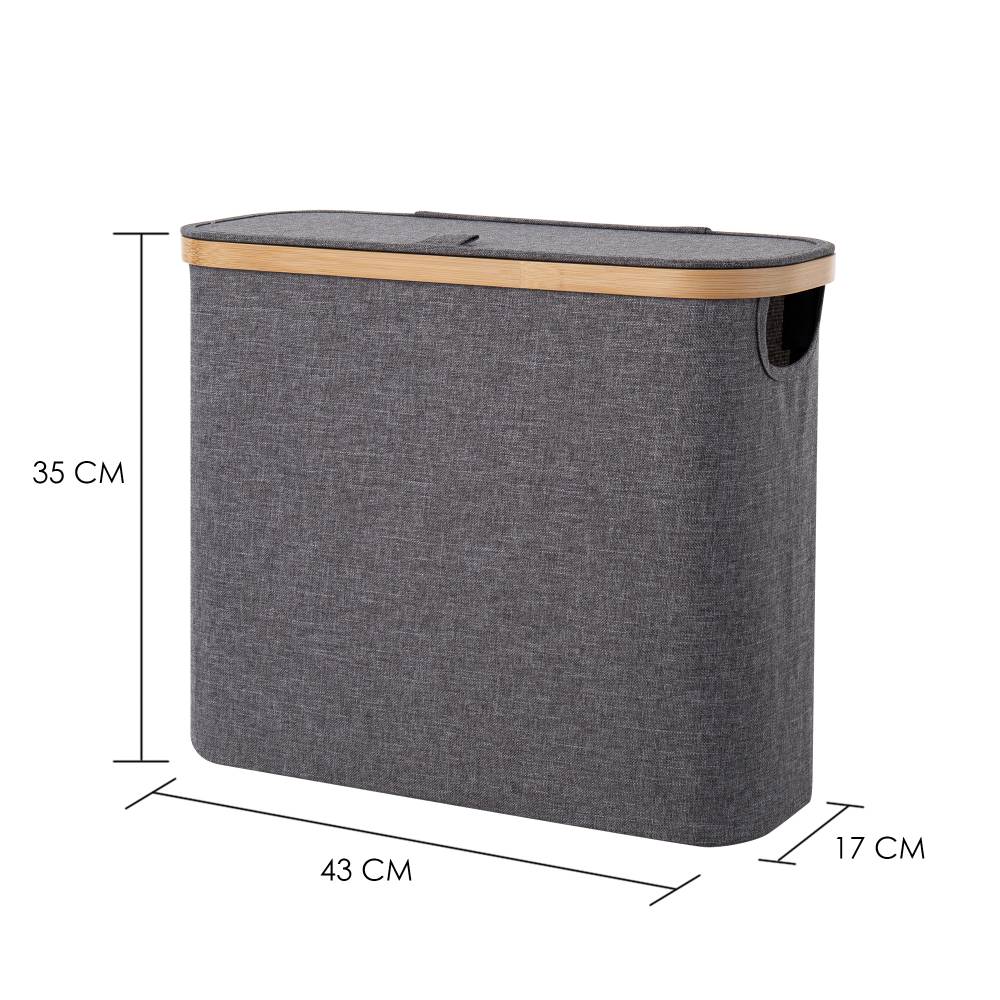 Woodluv Foldable Toilet Roll Storage Basket with Wood Rim & Lid, Grey