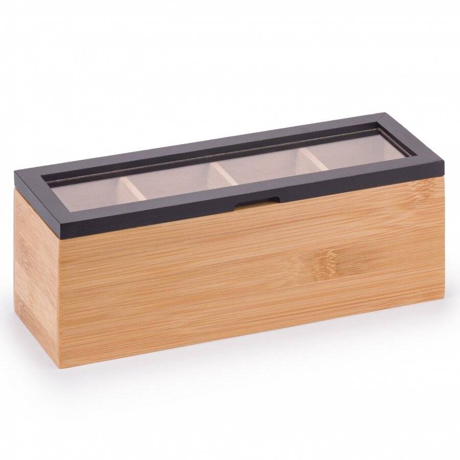 Woodluv Four Sections Bamboo Tea Caddy With Acrylic Lid, Black