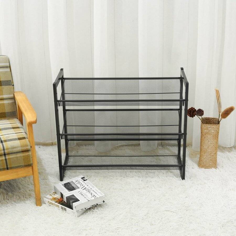 EHC 3 Tier Stackable Metal Steel Mesh Shoe Rack - Grey