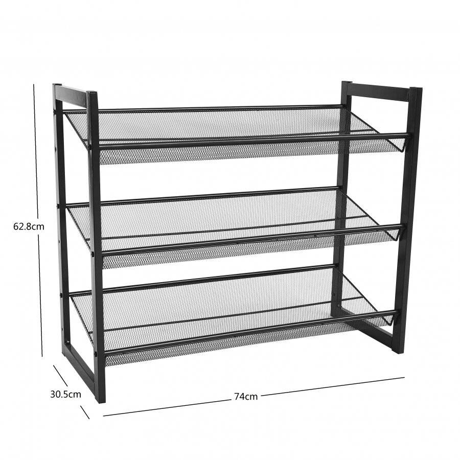 EHC 3 Tier Stackable Metal Steel Mesh Shoe Rack - Grey