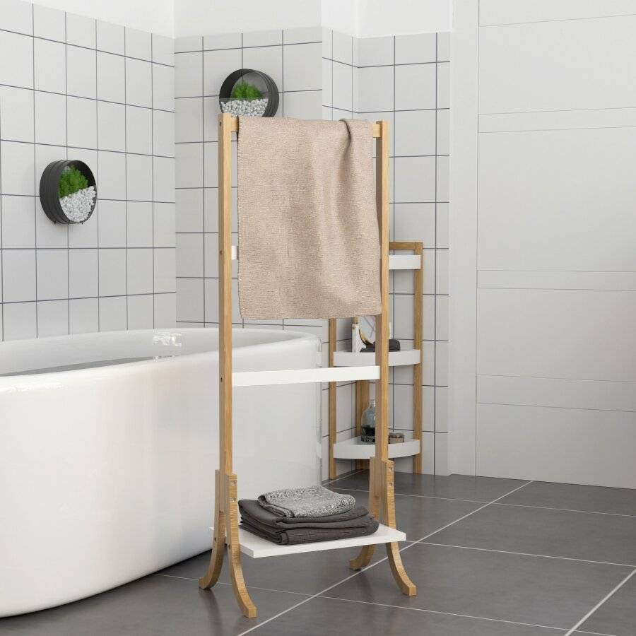 Woodluv Free Standing Towel Rack/ Cloth Stand With 3 Rails & Shelf