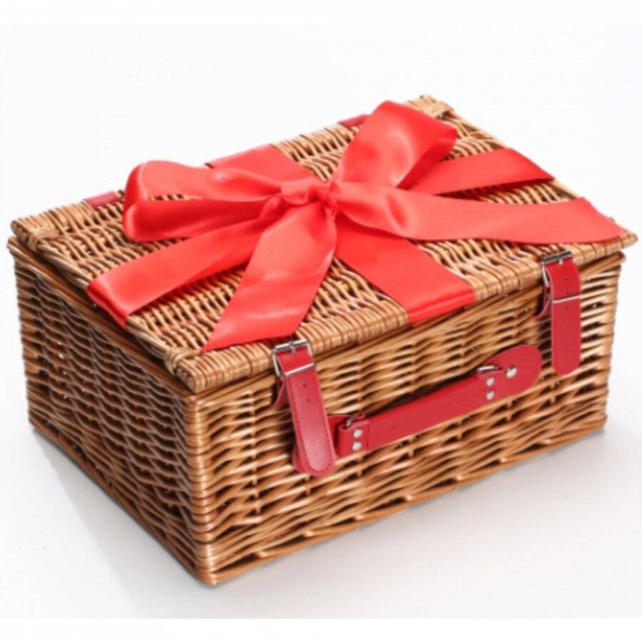 Woodluv Gift Hamper Wicker Basket With Red  Ribbon, Natural