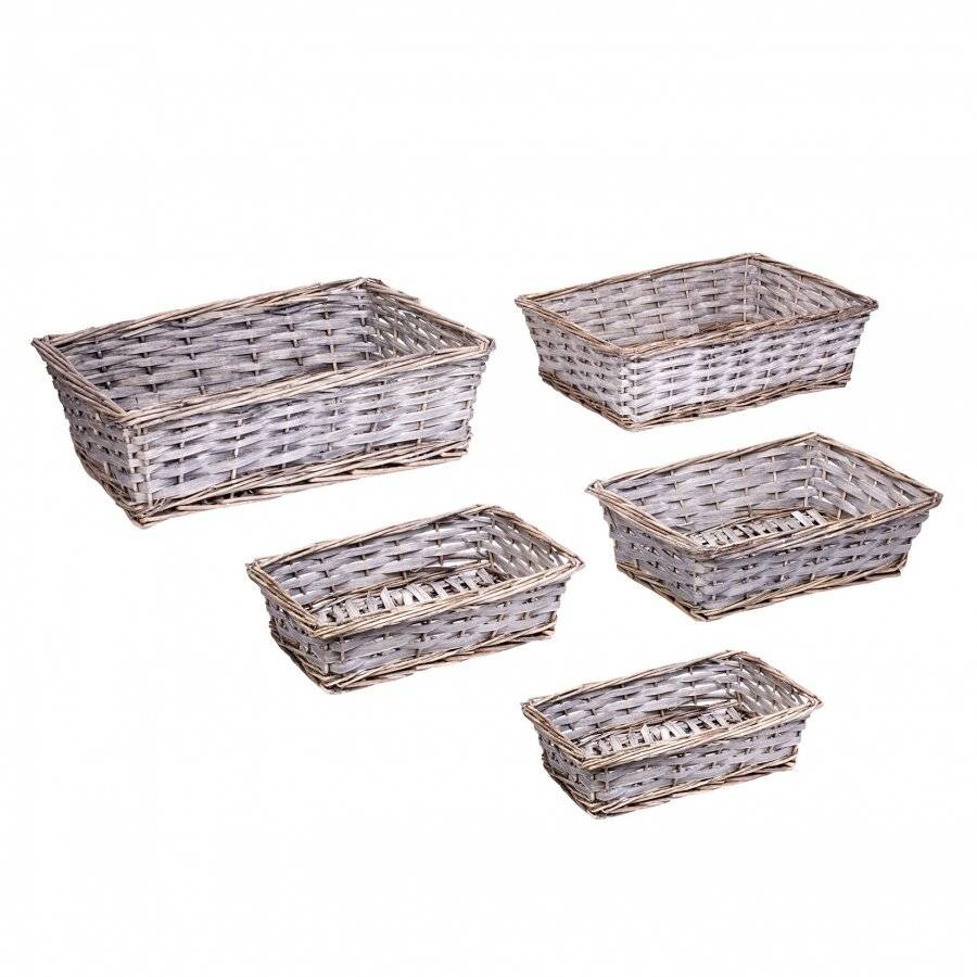 Woodluv Hand Made Set of 5 Rectangular Wicker Storage Baskets, Grey