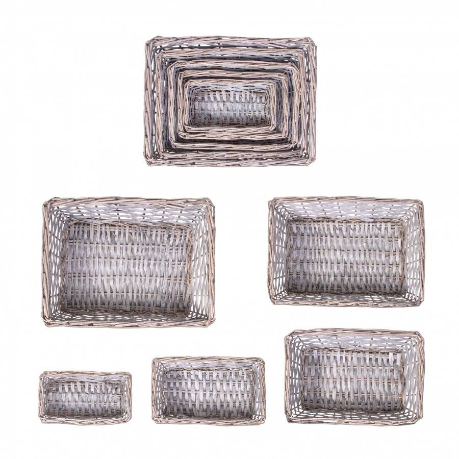 Woodluv Hand Made Set of 5 Rectangular Wicker Storage Baskets, Grey