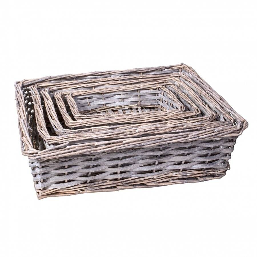 Woodluv Hand Made Set of 5 Rectangular Wicker Storage Baskets, Grey