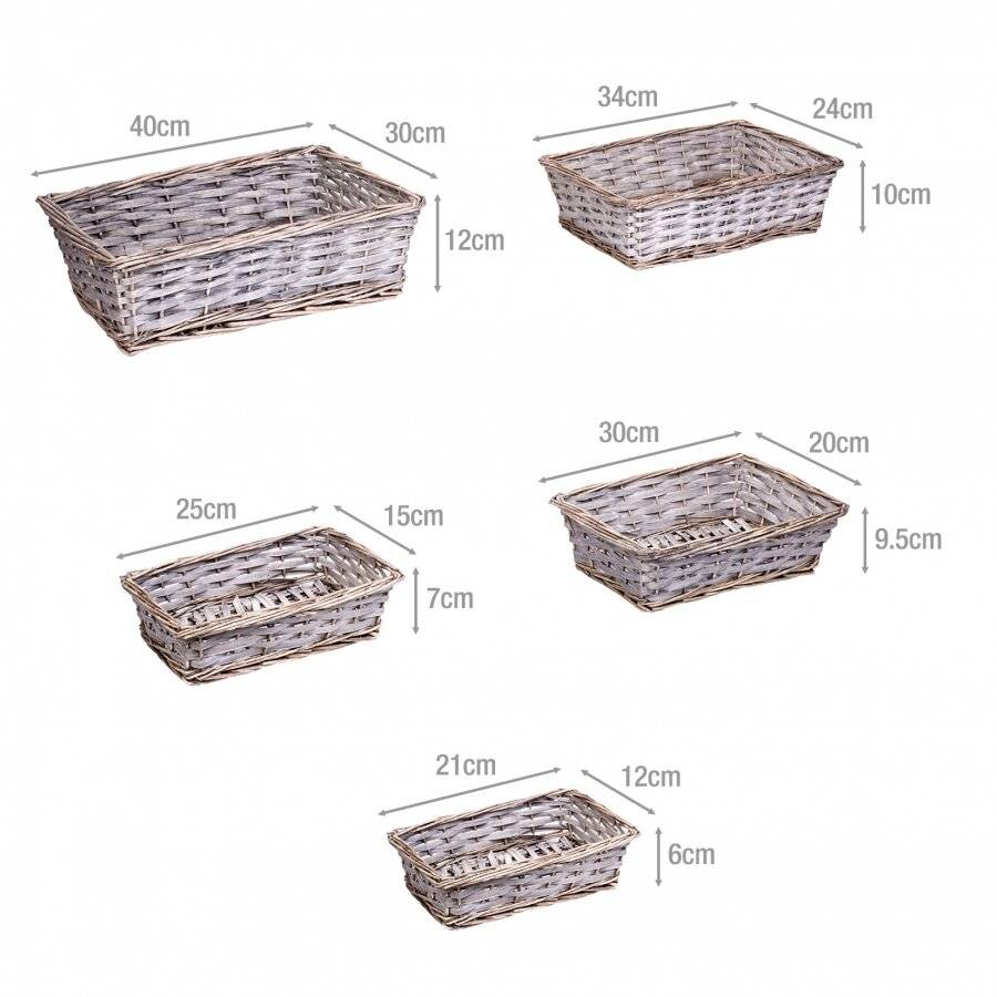 Woodluv Hand Made Set of 5 Rectangular Wicker Storage Baskets, Grey