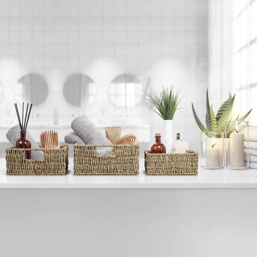 Woodluv Handwoven Set of 3 Square Seagrass Square Storage Basket