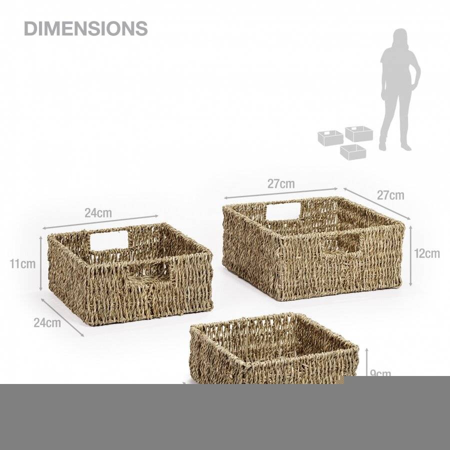 Woodluv Handwoven Set of 3 Square Seagrass Square Storage Basket