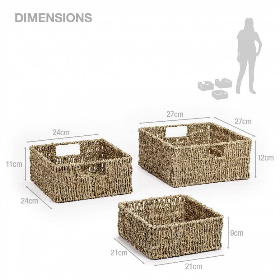 Woodluv Handwoven Set of 3 Square Seagrass Square Storage Basket