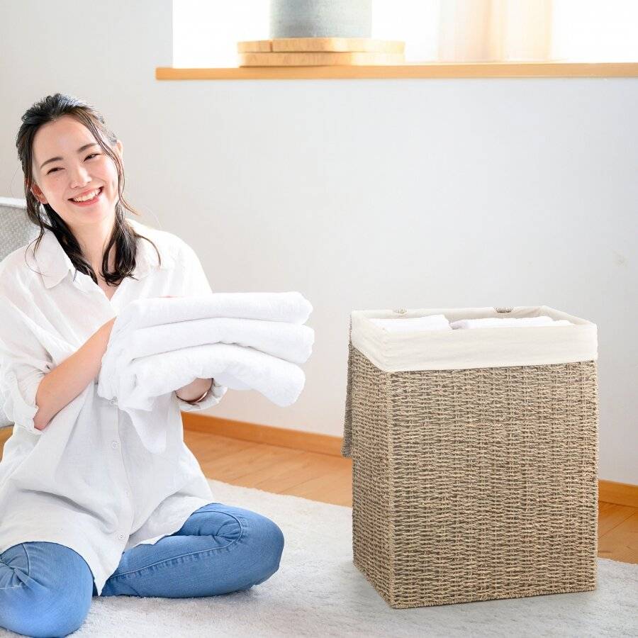 Woodluv Handwoven Seagrass Laundry Storage Basket With Liner, Large