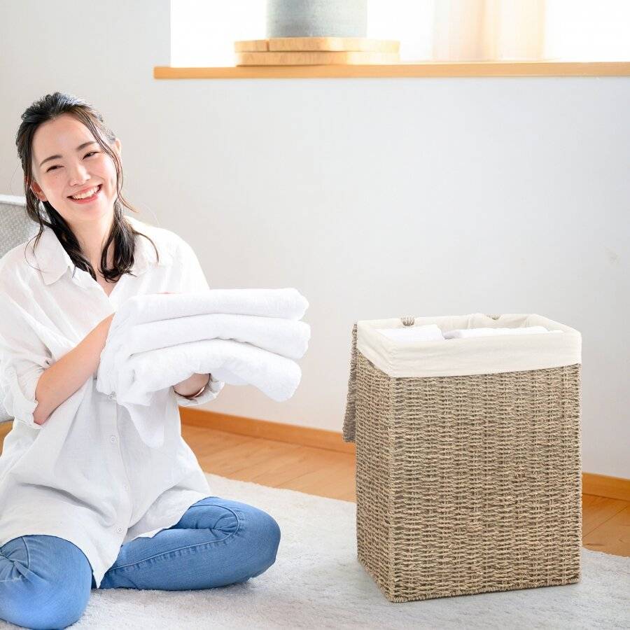 Woodluv Handwoven Seagrass Laundry Storage Basket With Liner, Medium