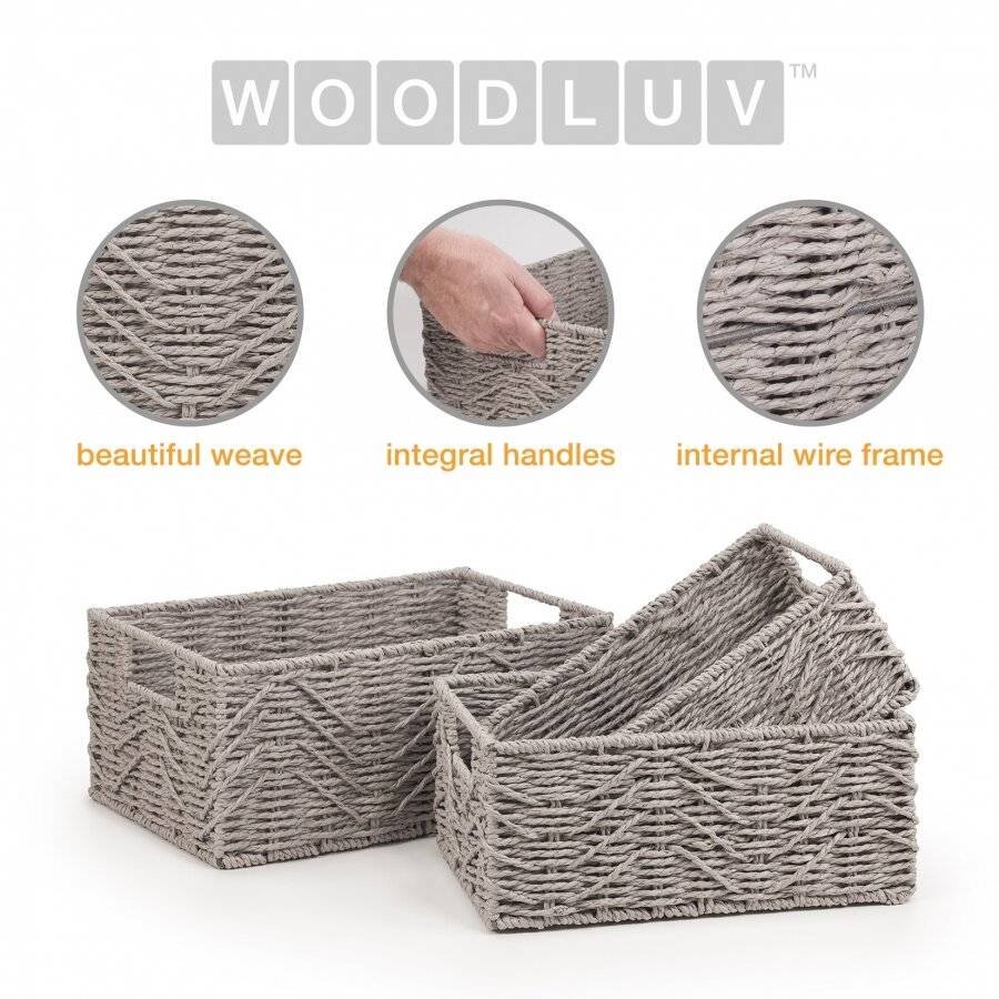 Woodluv handwoven Set of 3 Paper-rope Storage Baskets, Grey