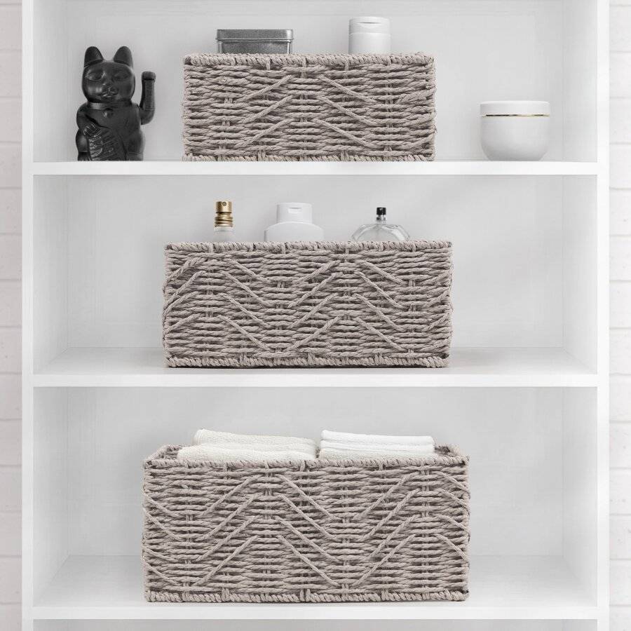 Woodluv handwoven Set of 3 Paper-rope Storage Baskets, Grey