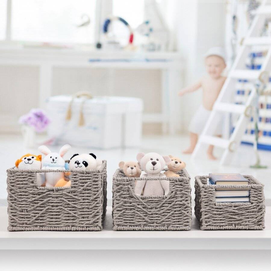 Woodluv handwoven Set of 3 Paper-rope Storage Baskets, Grey