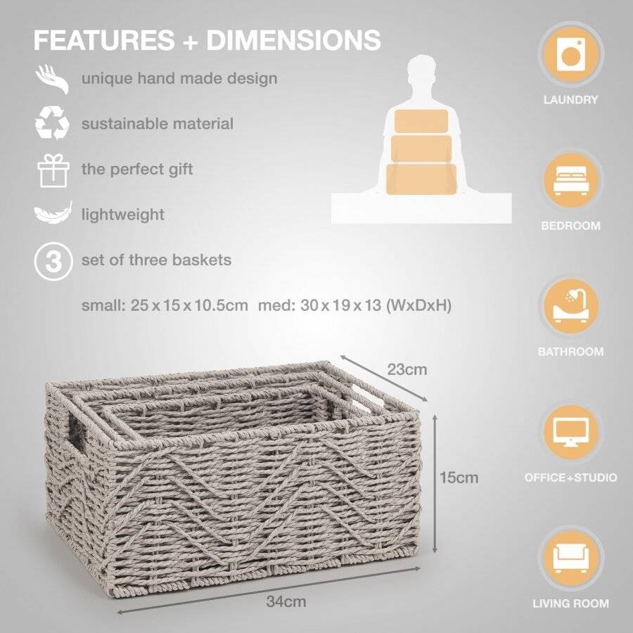 Woodluv handwoven Set of 3 Paper-rope Storage Baskets, Grey