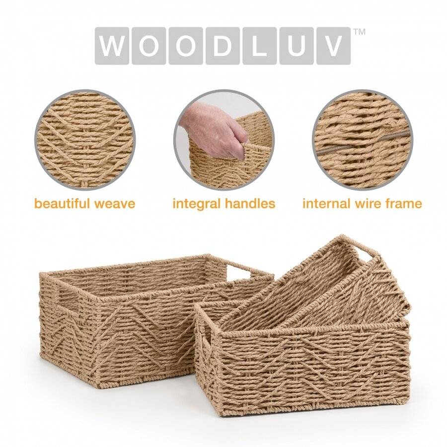 Woodluv handwoven Set of 3 Paper-rope Storage Baskets, Khaki
