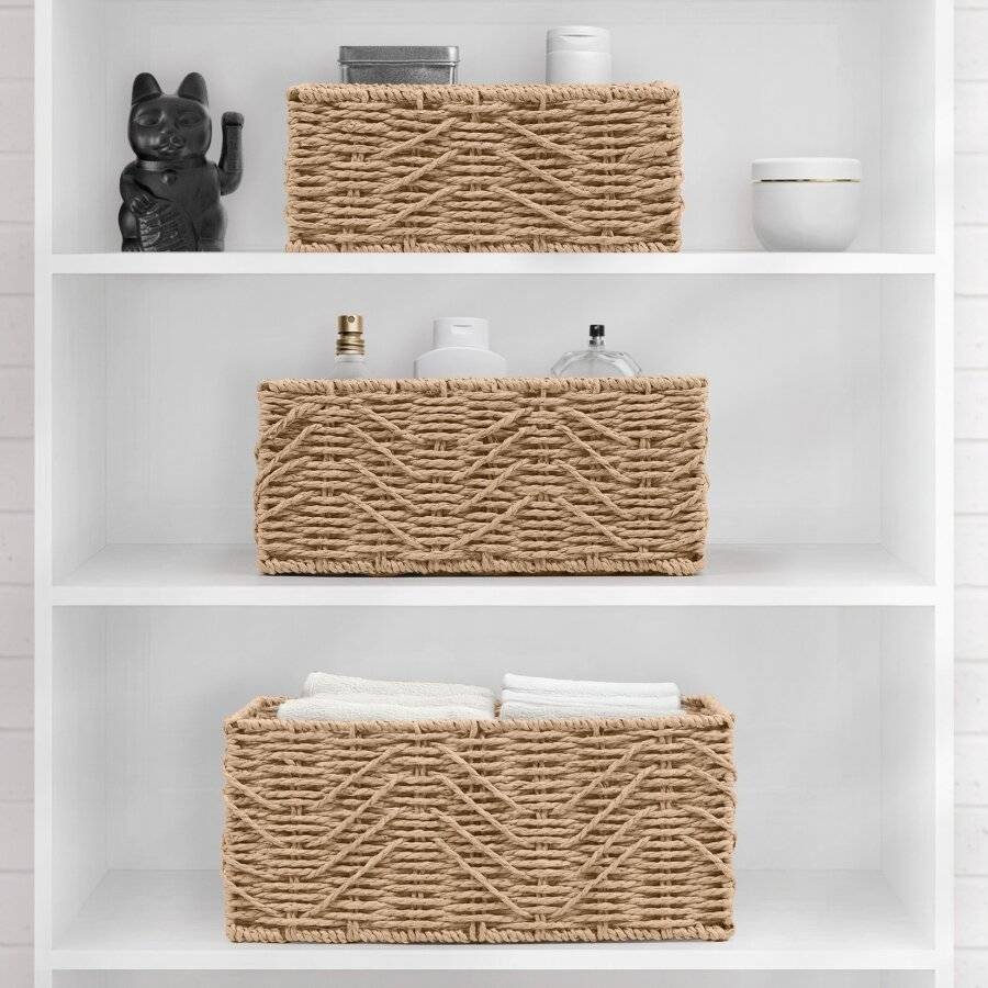 Woodluv handwoven Set of 3 Paper-rope Storage Baskets, Khaki