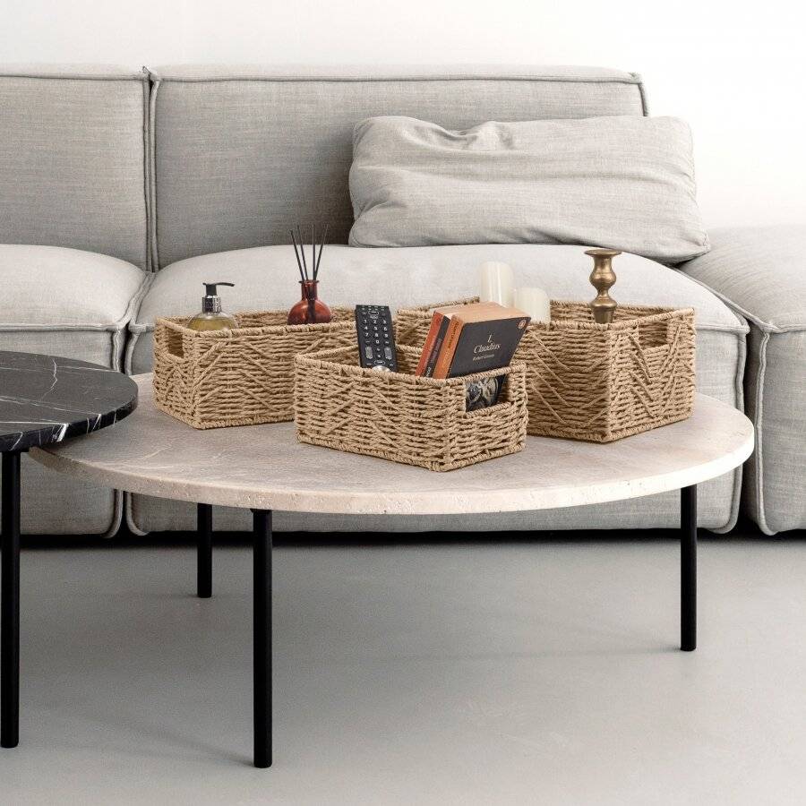 Woodluv handwoven Set of 3 Paper-rope Storage Baskets, Khaki