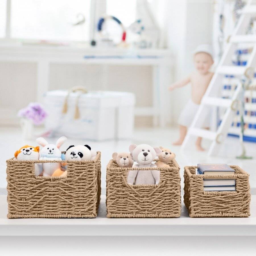 Woodluv handwoven Set of 3 Paper-rope Storage Baskets, Khaki