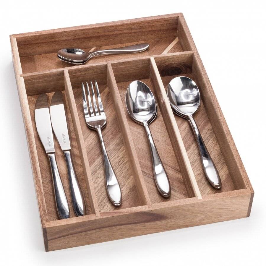 Woodluv Herringbone Pattern Acacia Wood Cutlery Organiser