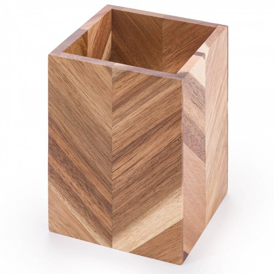 Woodluv Herringbone Pattern Acacia Wood Utensil Holder, 10 x10 x15 cm