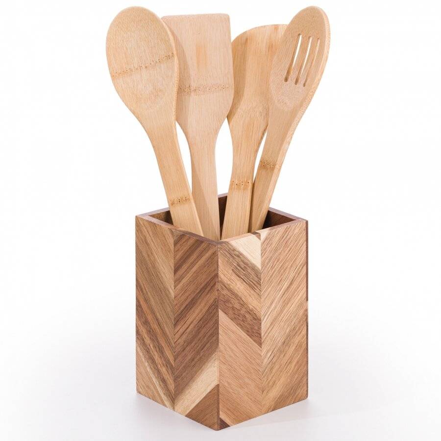 Woodluv Herringbone Pattern Acacia Wood Utensil Holder, 10 x10 x15 cm