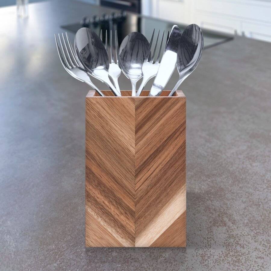 Woodluv Herringbone Pattern Acacia Wood Utensil Holder, 10 x10 x15 cm