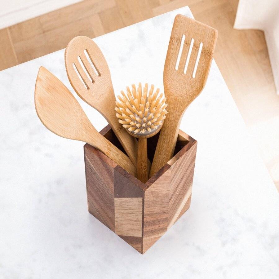 Woodluv Herringbone Pattern Acacia Wood Utensil Holder, 10 x10 x15 cm