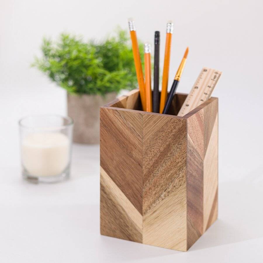 Woodluv Herringbone Pattern Acacia Wood Utensil Holder, 10 x10 x15 cm